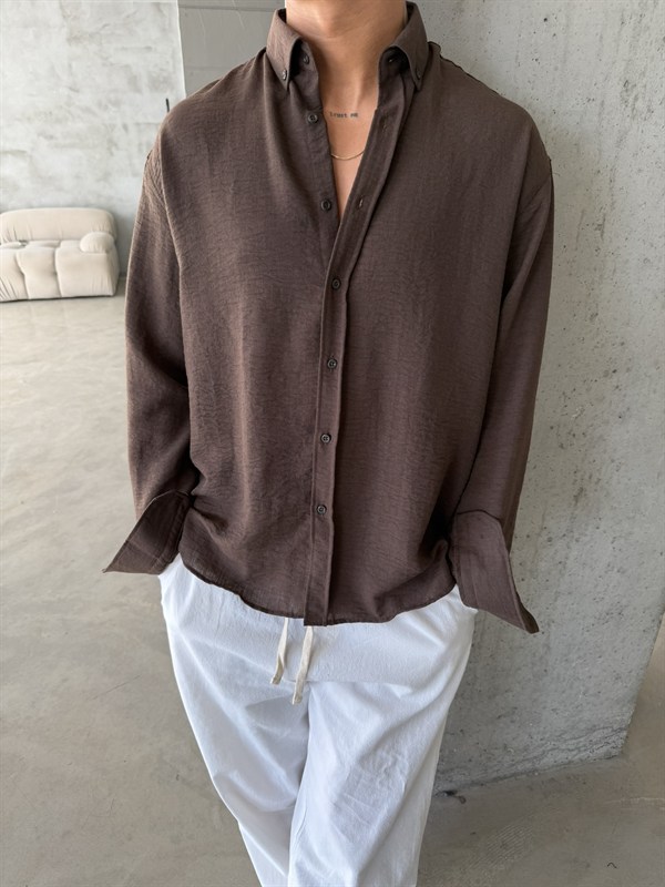 Pera Keten Basic Gömlek - Kahve