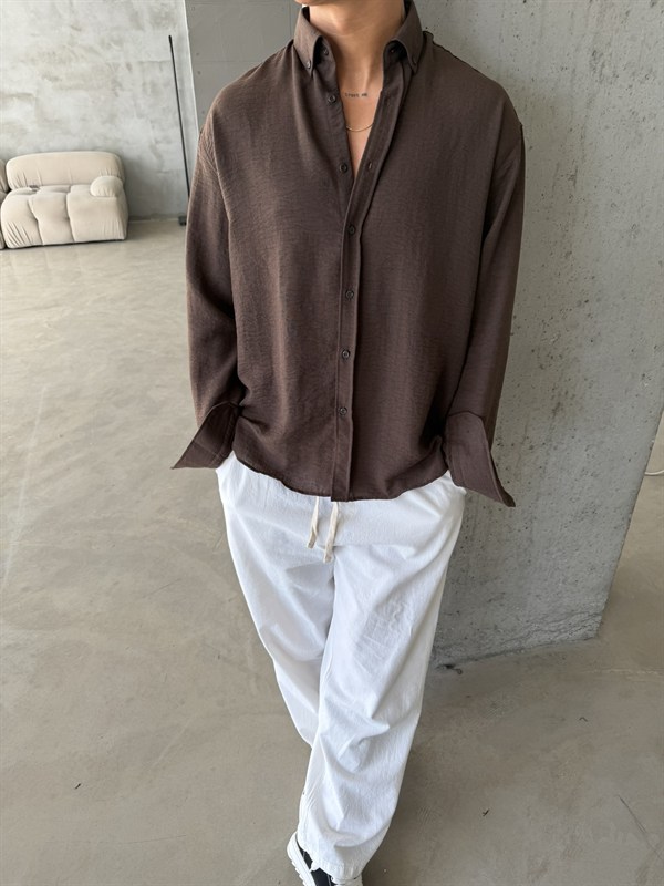 Pera Keten Basic Gömlek - Kahve