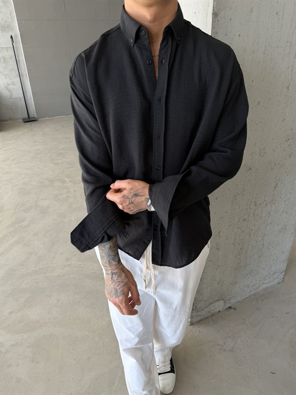 Pera Keten Basic Gömlek - Siyah