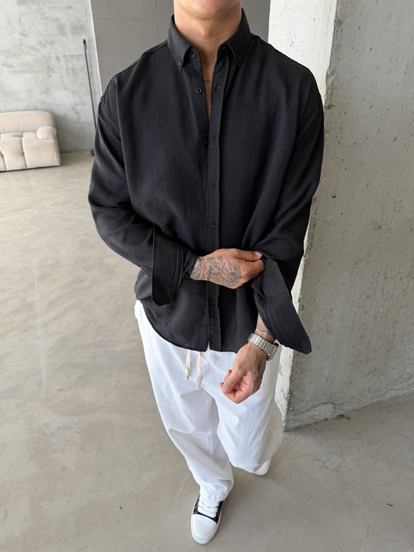 Pera Keten Basic Gömlek - Siyah