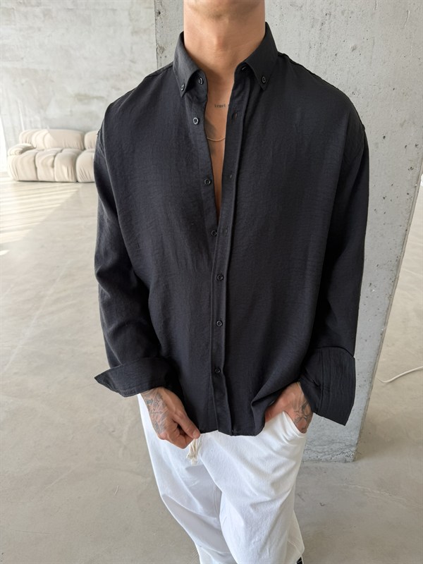 Pera Keten Basic Gömlek - Siyah