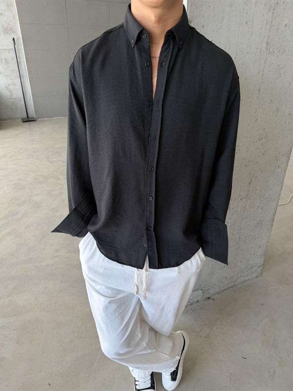 Pera Keten Basic Gömlek - Siyah