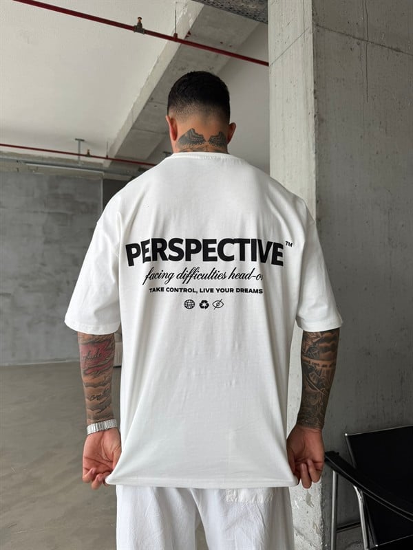 Perspective Oversize Basic T-Shirt - Beyaz