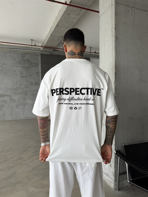 Perspective Oversize Basic T-Shirt - Beyaz
