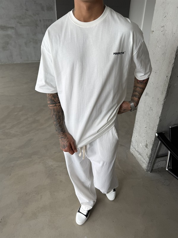 Perspective Oversize Basic T-Shirt - Beyaz