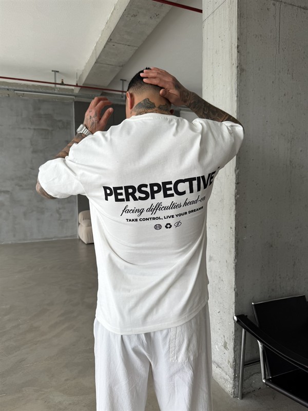Perspective Oversize Basic T-Shirt - Beyaz
