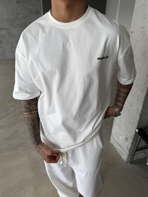 Perspective Oversize Basic T-Shirt - Beyaz