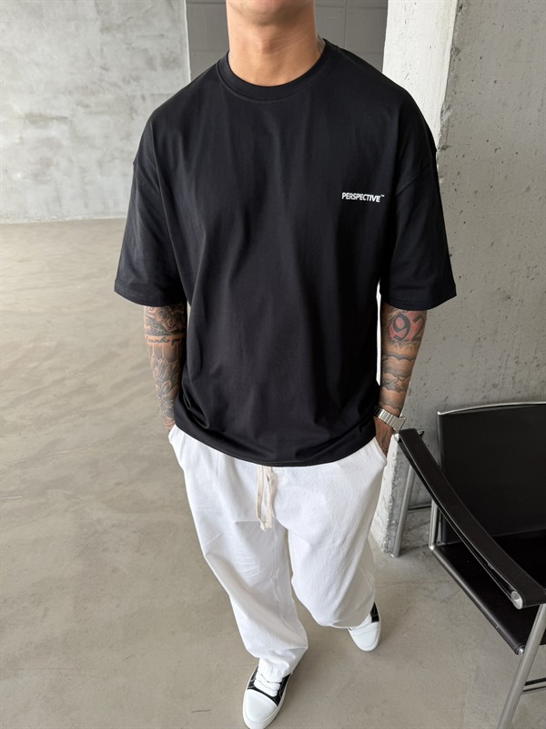 Perspective Oversize Basic T-Shirt - Siyah