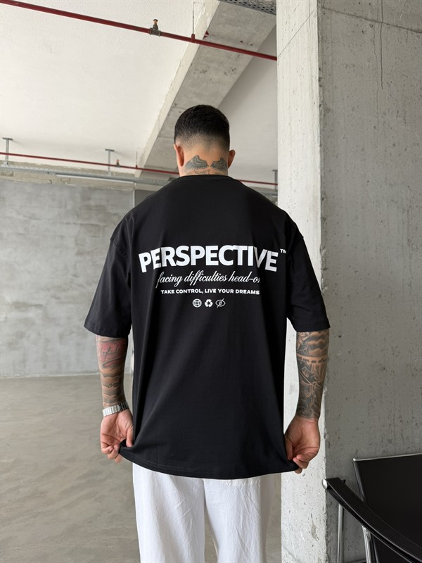 Perspective Oversize Basic T-Shirt - Siyah