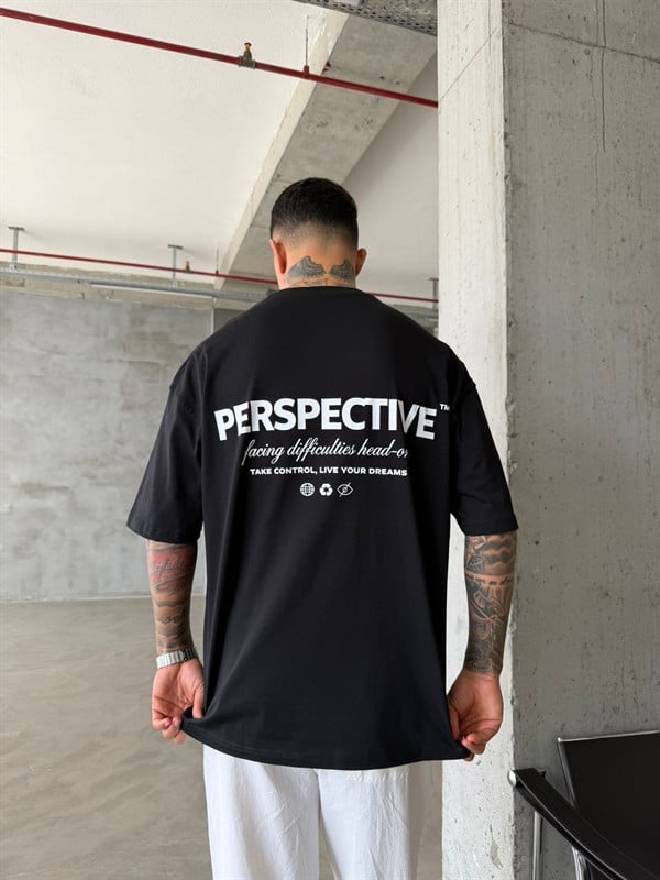 Perspective Oversize Basic T-Shirt - Siyah