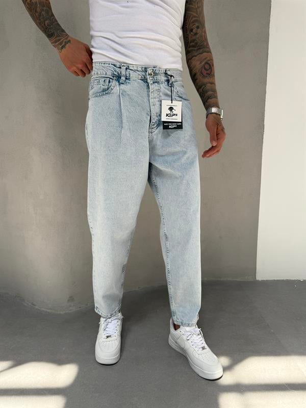 Pileli Balon Pantolon - Buz Mavi