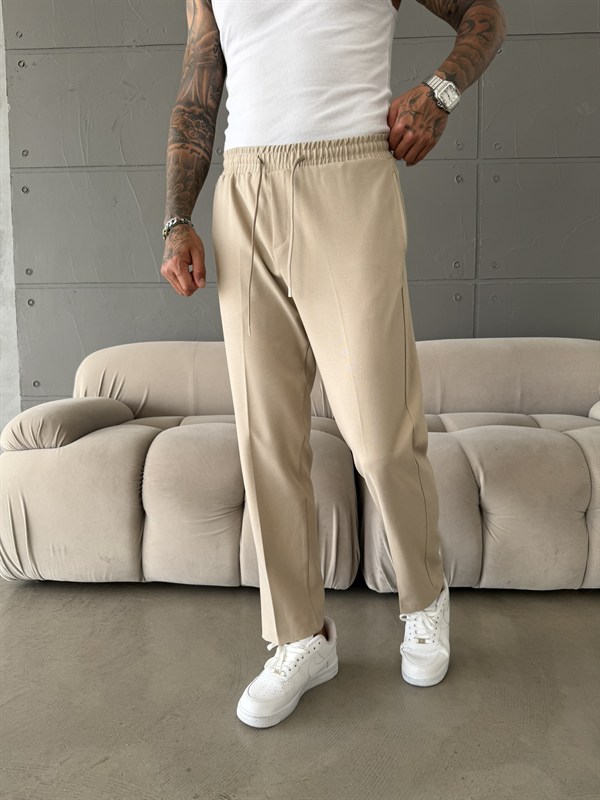 Pileli Comfort Fit Pantolon - Bej