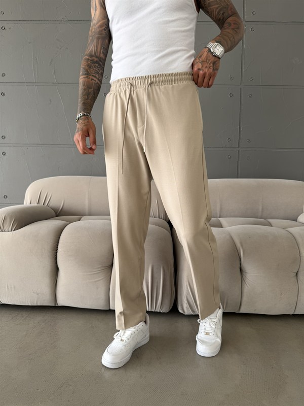 Pileli Comfort Fit Pantolon - Bej