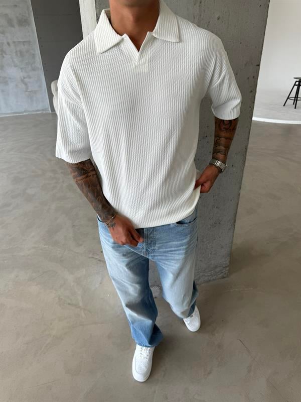 Polo Yaka Basic Fitilli T-Shirt - Beyaz
