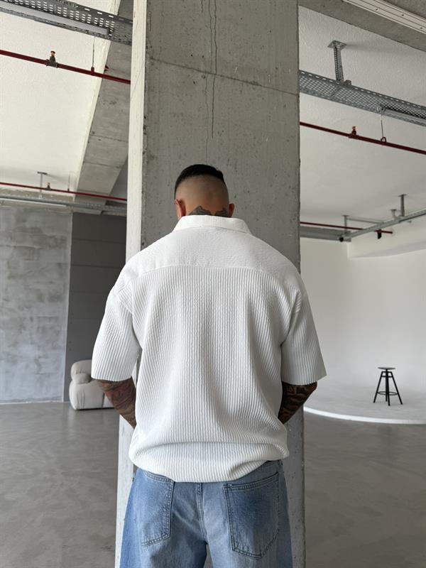 Polo Yaka Basic Fitilli T-Shirt - Beyaz