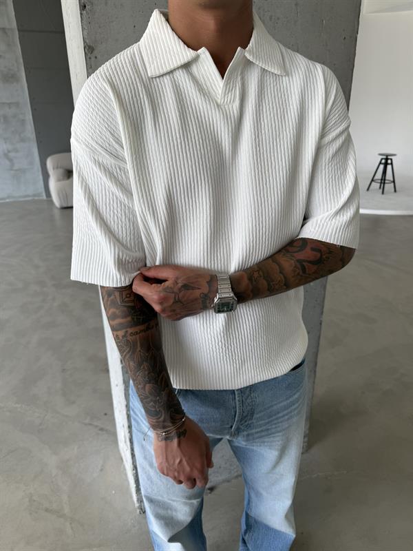 Polo Yaka Basic Fitilli T-Shirt - Beyaz