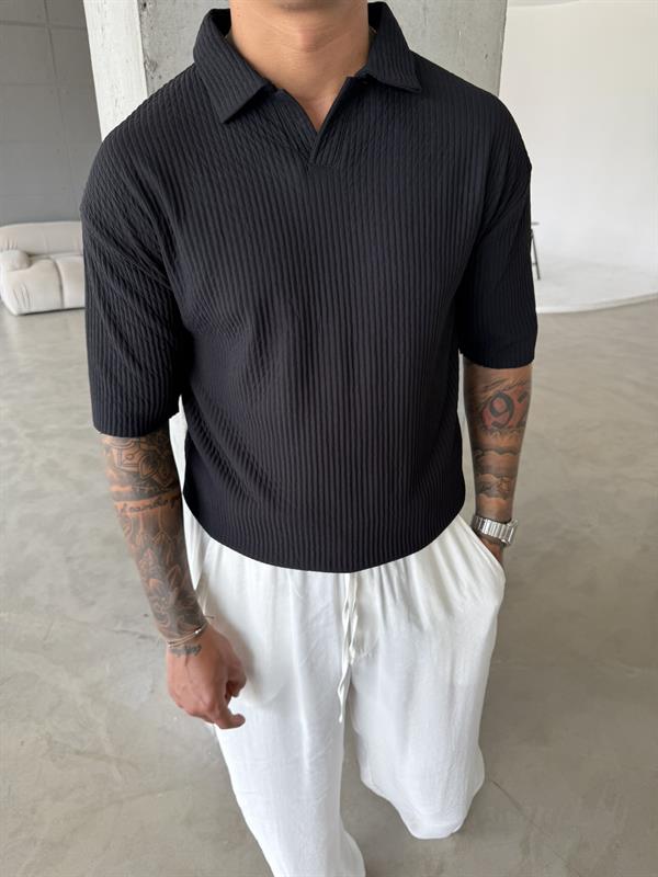 Polo Yaka Basic Fitilli T-Shirt -Siyah