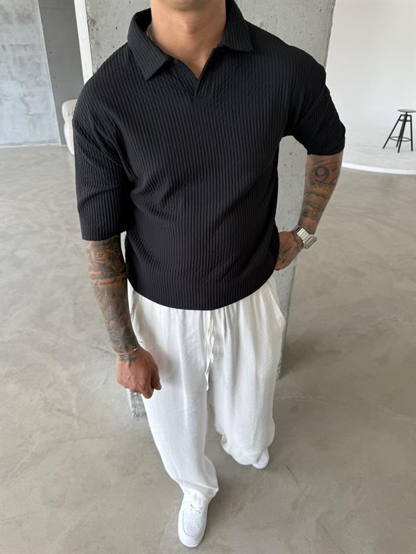 Polo Yaka Basic Fitilli T-Shirt -Siyah