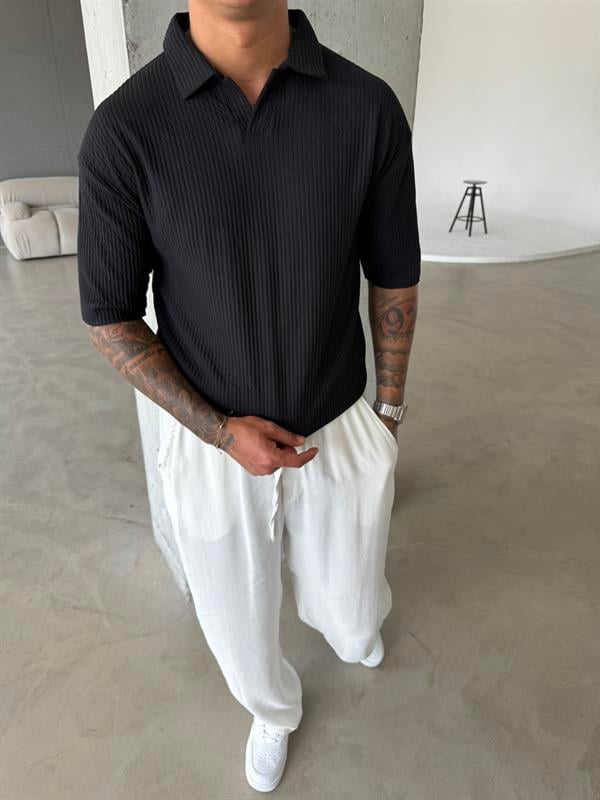 Polo Yaka Basic Fitilli T-Shirt -Siyah