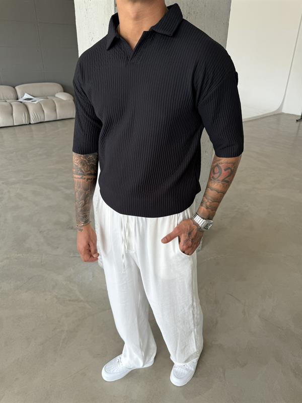 Polo Yaka Basic Fitilli T-Shirt -Siyah