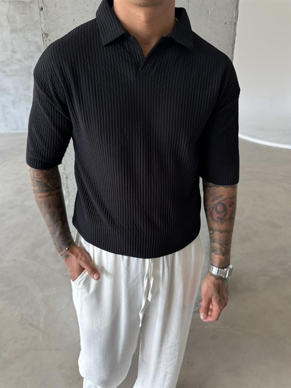 Polo Yaka Basic Fitilli T-Shirt -Siyah