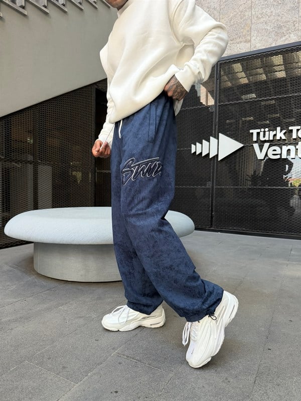 Premium Acid Yıkama Nakışlı Eşofman - İndigo