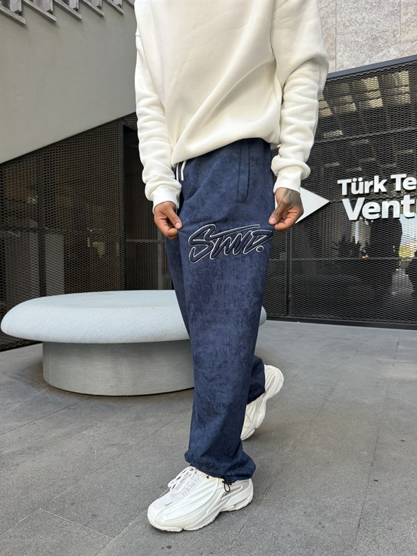 Premium Acid Yıkama Nakışlı Eşofman - İndigo