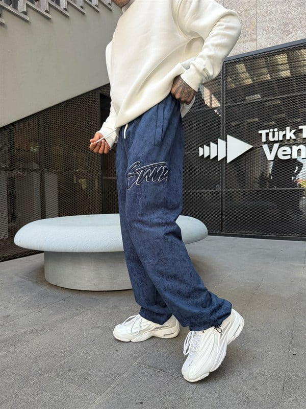 Premium Acid Yıkama Nakışlı Eşofman - İndigo