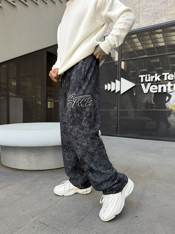 Premium Acid Yıkama Nakışlı Eşofman - Siyah