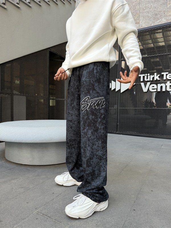 Premium Acid Yıkama Nakışlı Eşofman - Siyah