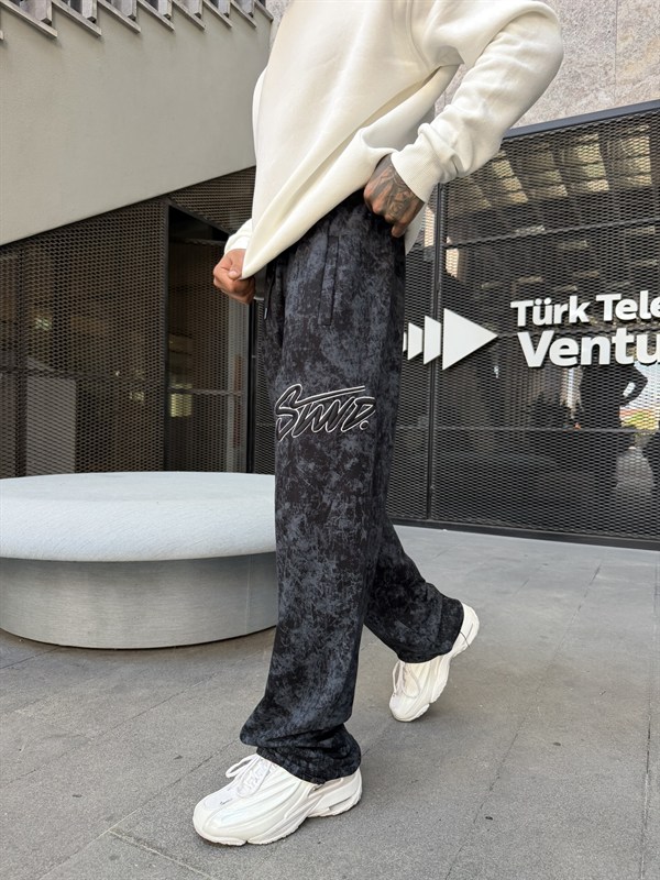 Premium Acid Yıkama Nakışlı Eşofman - Siyah