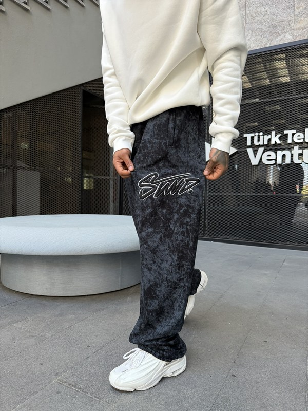 Premium Acid Yıkama Nakışlı Eşofman - Siyah