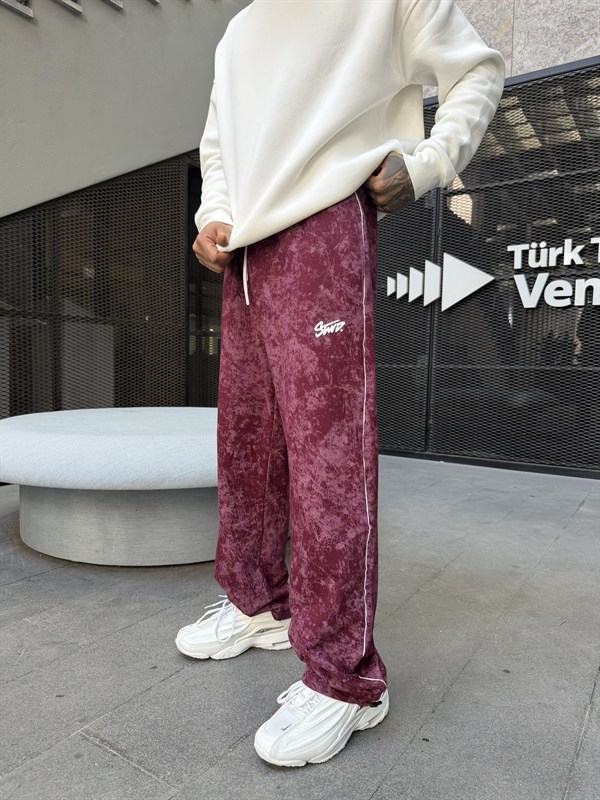 Premium Acid Yıkama Şeritli Enjeksiyon Baskı Eşofman - Bordo