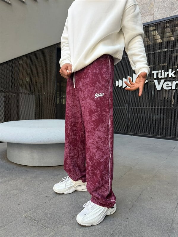 Premium Acid Yıkama Şeritli Enjeksiyon Baskı Eşofman - Bordo