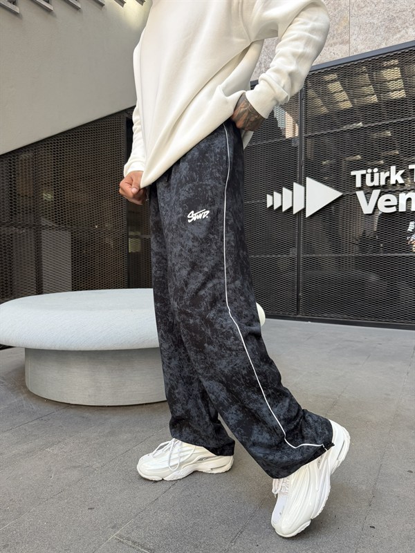 Premium Acid Yıkama Şeritli Enjeksiyon Baskı Eşofman - Siyah