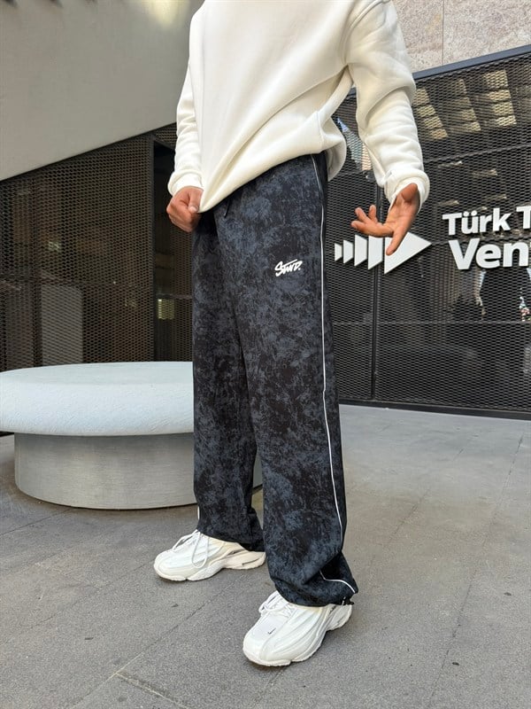 Premium Acid Yıkama Şeritli Enjeksiyon Baskı Eşofman - Siyah