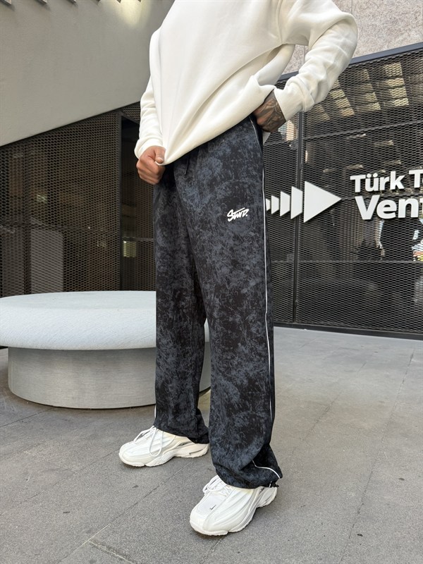 Premium Acid Yıkama Şeritli Enjeksiyon Baskı Eşofman - Siyah