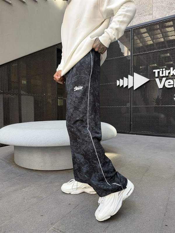 Premium Acid Yıkama Şeritli Enjeksiyon Baskı Eşofman - Siyah