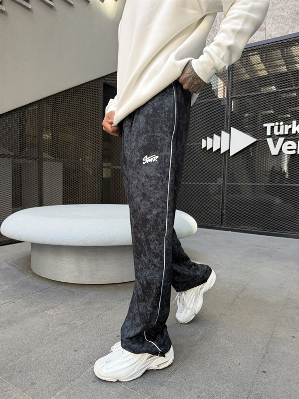 Premium Acid Yıkama Şeritli Enjeksiyon Baskı Eşofman - Siyah