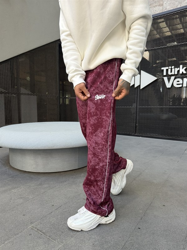 Premium Acid Yıkama Şeritli Enjeksiyon Baskı Eşofman - Bordo