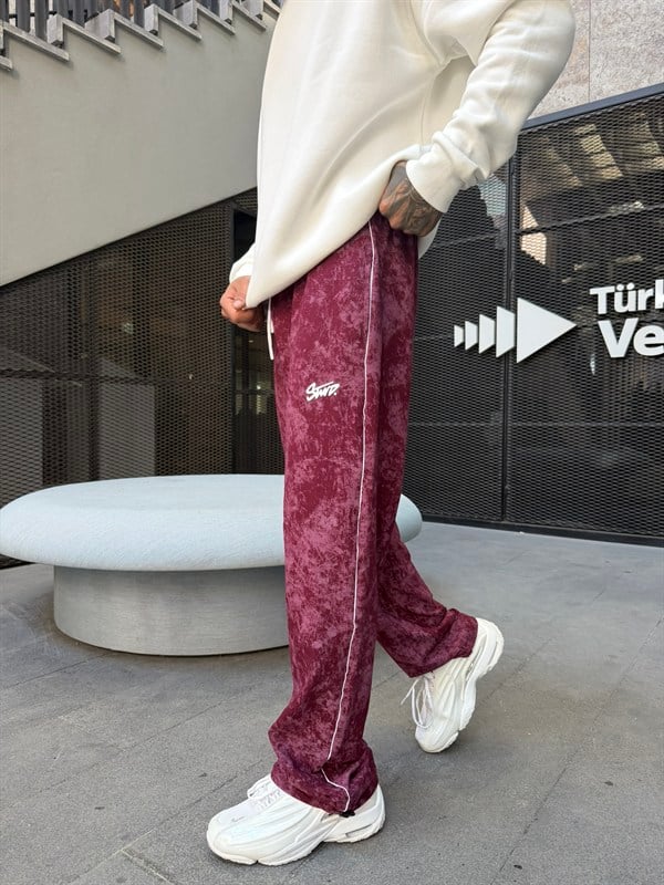 Premium Acid Yıkama Şeritli Enjeksiyon Baskı Eşofman - Bordo