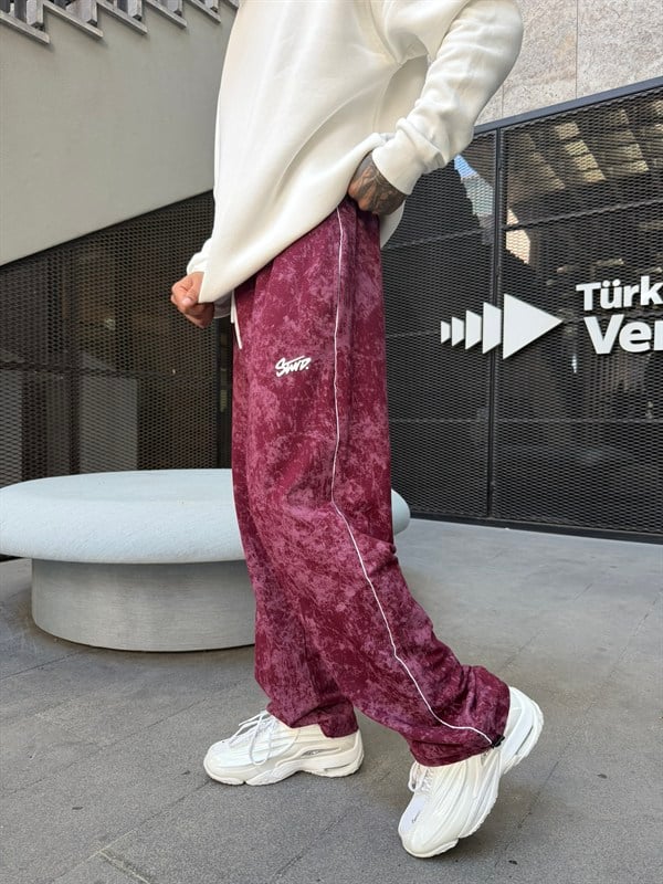 Premium Acid Yıkama Şeritli Enjeksiyon Baskı Eşofman - Bordo