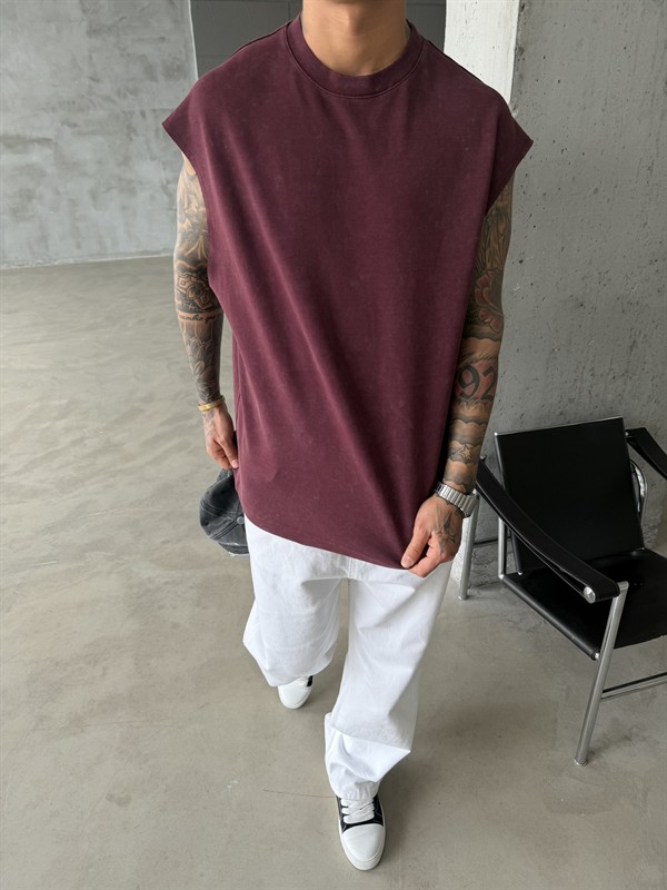 Premium Acid  Yıkamalı Sıfır Kol T-Shirt - Bordo