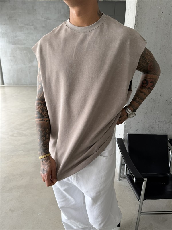 Premium Acid  Yıkamalı Sıfır Kol T-Shirt - Taş