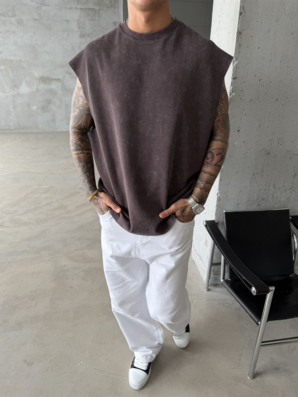 Premium Acid  Yıkamalı Sıfır Kol T-Shirt - Kahve