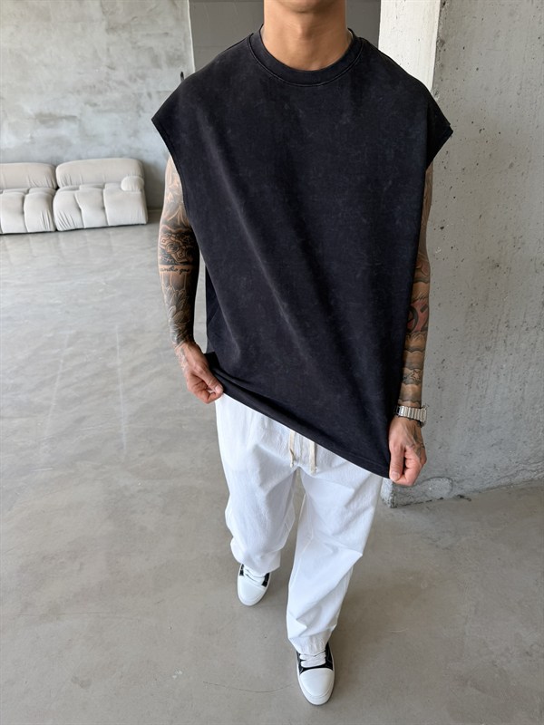 Premium Acid  Yıkamalı Sıfır Kol T-Shirt - Siyah