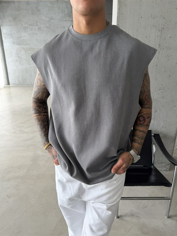 Premium Acid  Yıkamalı Sıfır Kol T-Shirt - Gri