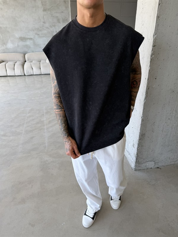 Premium Acid  Yıkamalı Sıfır Kol T-Shirt - Siyah