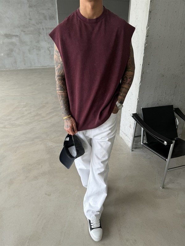 Premium Acid  Yıkamalı Sıfır Kol T-Shirt - Bordo