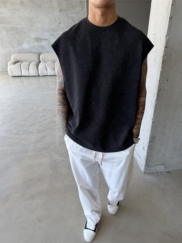 Premium Acid  Yıkamalı Sıfır Kol T-Shirt - Siyah